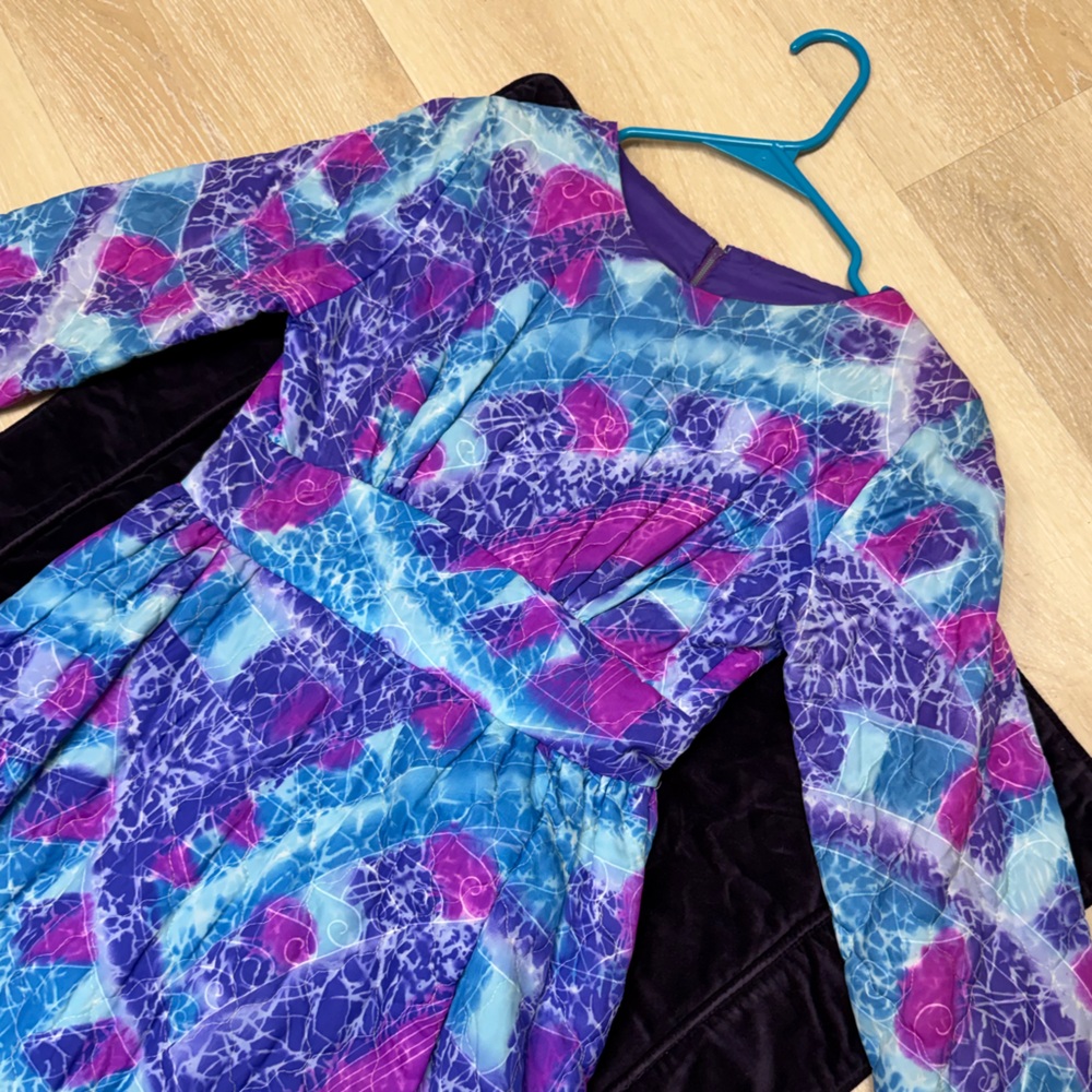 Vintage Purple Blue & Pink 60’s 70’s quilted long sleeve pencil Maxi Dress XS - Picture 1 of 16